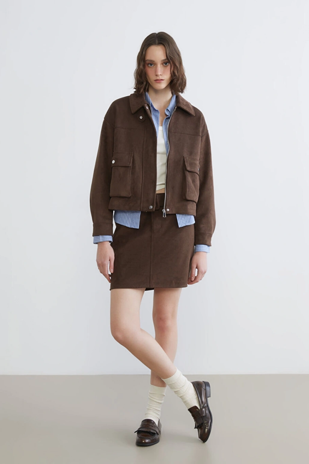 XSIDE Kahverengi Beli Kemerli Süet Görünümlü Mini Etek