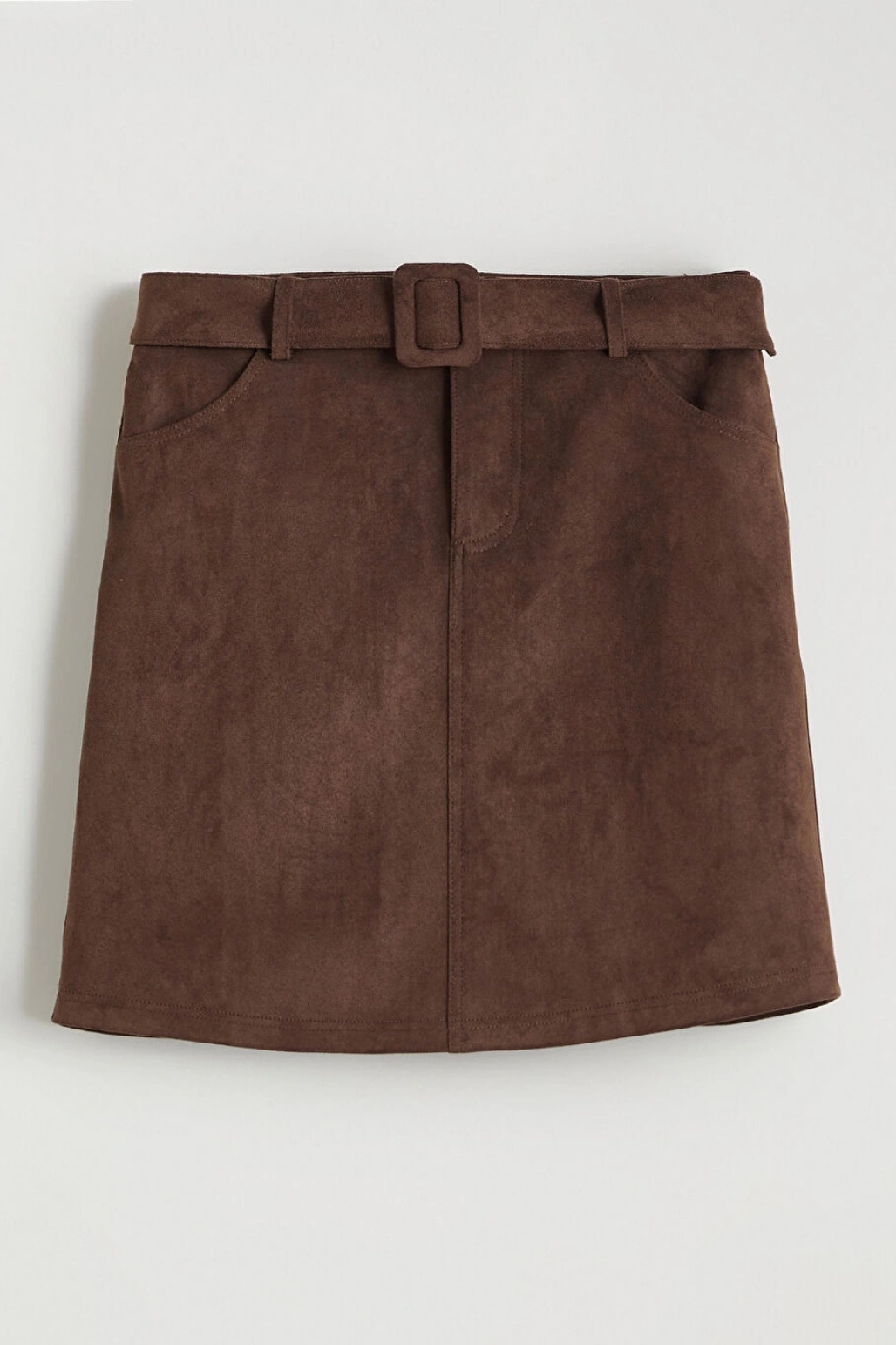 XSIDE Kahverengi Beli Kemerli Süet Görünümlü Mini Etek