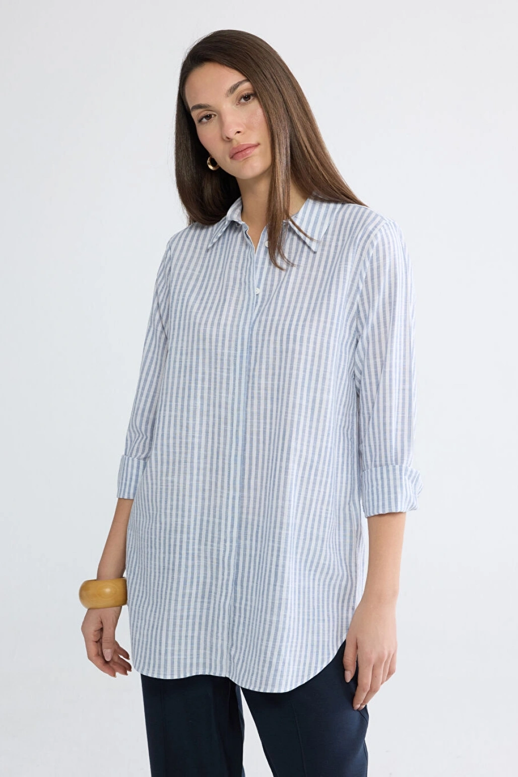 LCWAIKIKI Classic Mavi Çizgili Kadın Gömlek Tunik