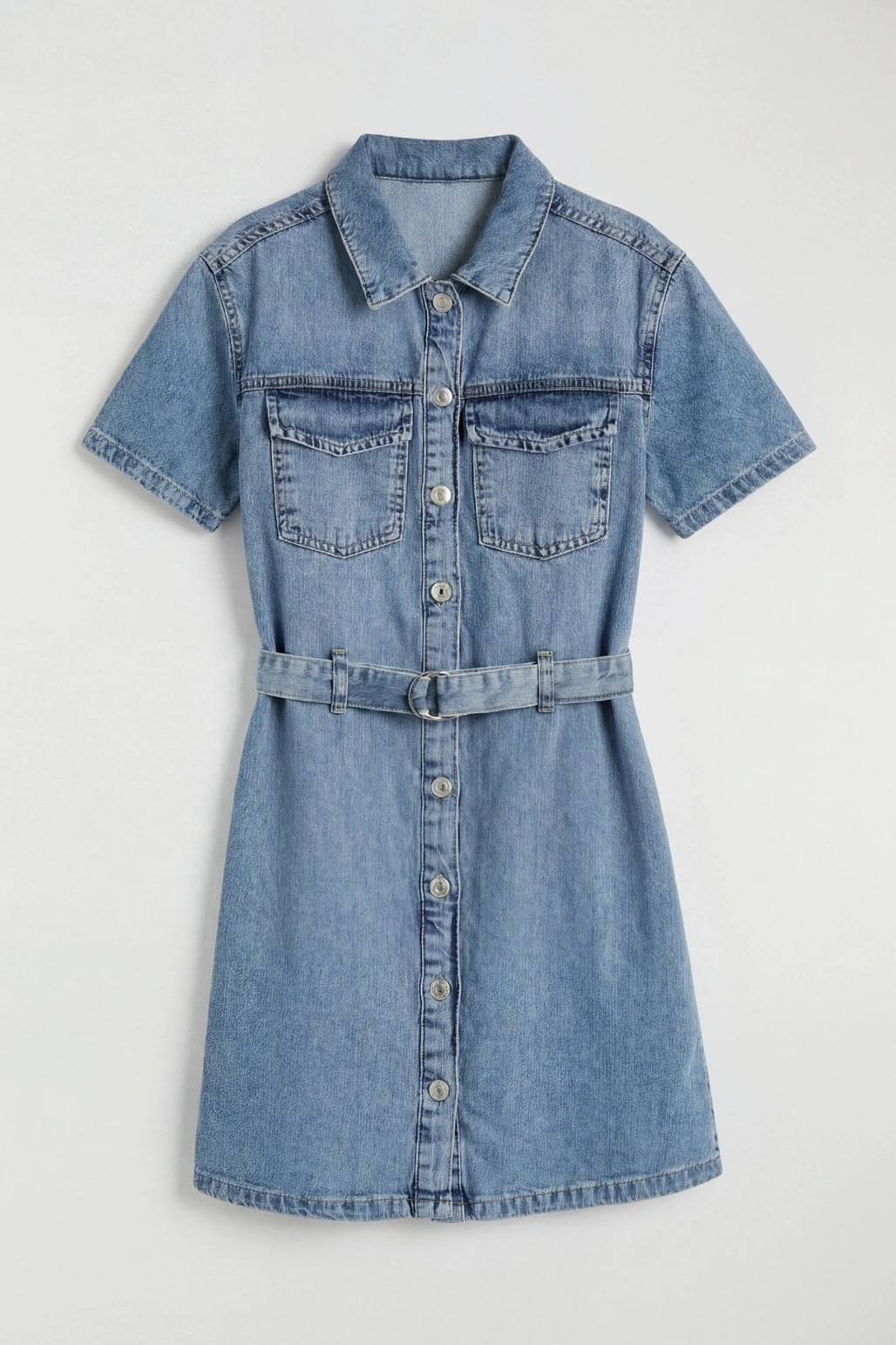 LCW Kids Mavi Gömlek Yaka Kısa Kollu Kız Çocuk Jean Elbise