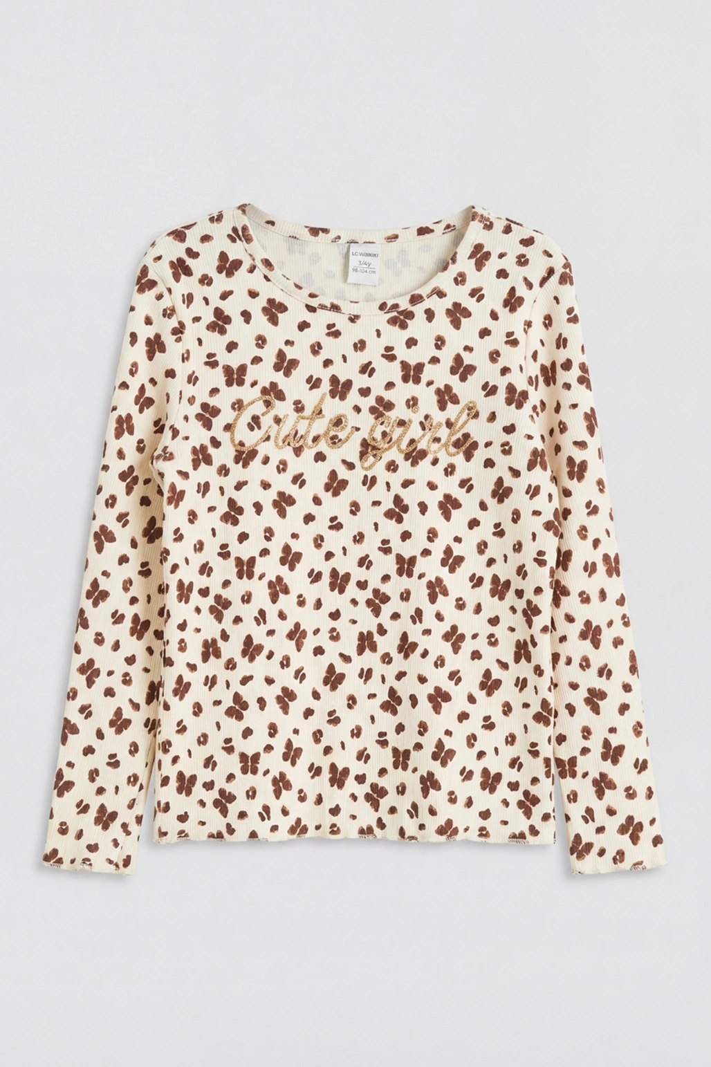 LCW Kids Ekru Bisiklet Yaka Baskılı Kız Çocuk Tişört