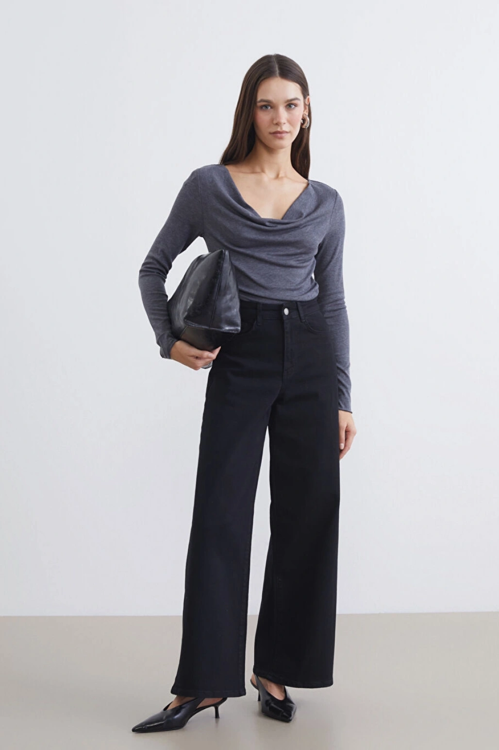 LCW Vision Antrasit Dökümlü Yaka Büzgülü Bluz