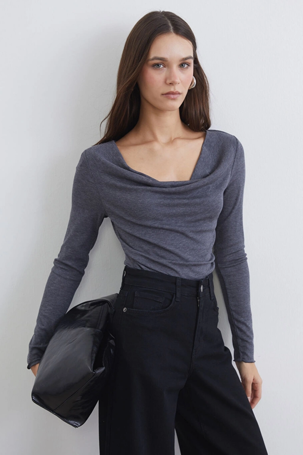 LCW Vision Antrasit Dökümlü Yaka Büzgülü Bluz