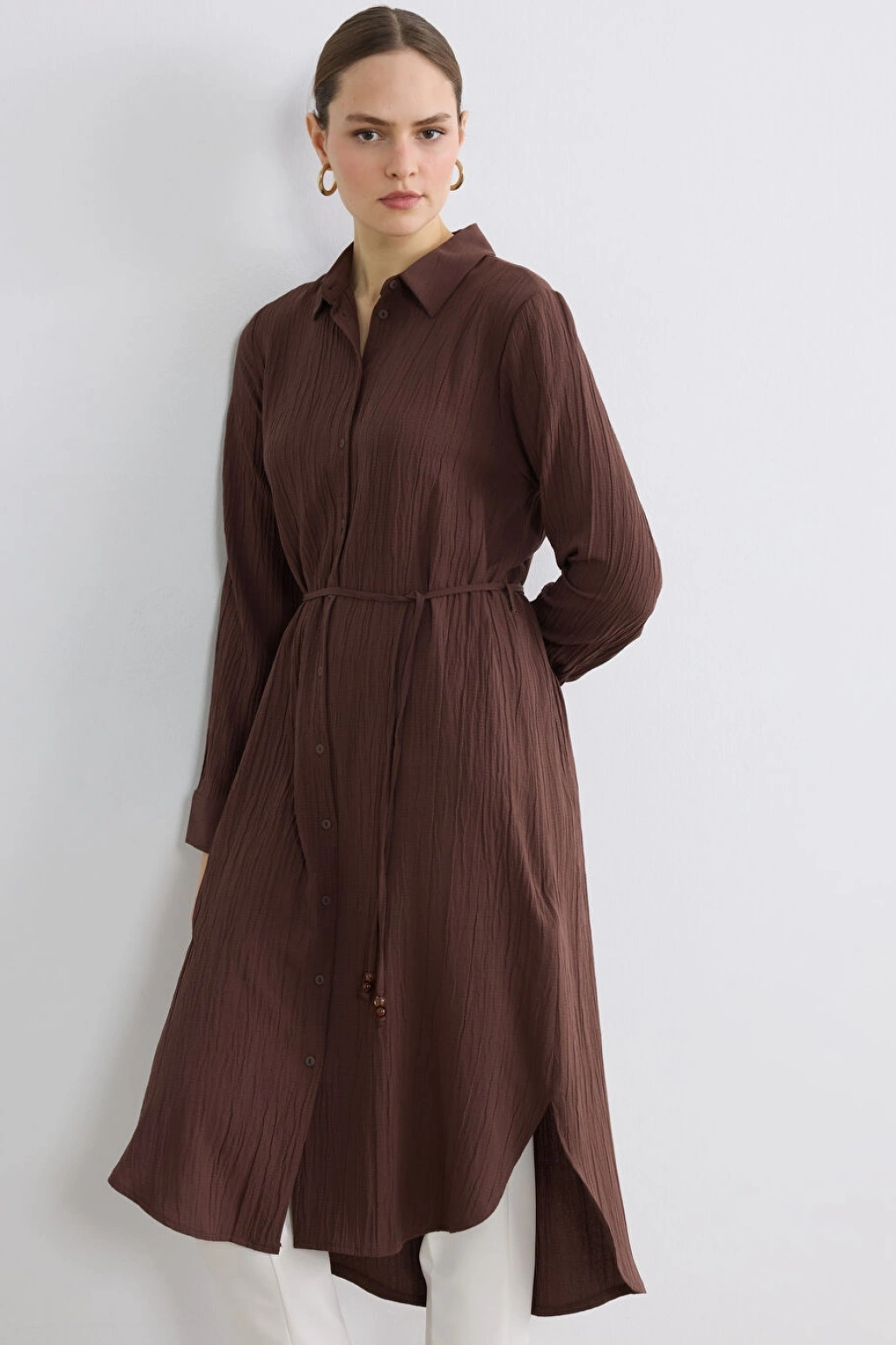 LCWAIKIKI Classic Kahverengi Dokulu Oversize Kadın Gömlek Tunik