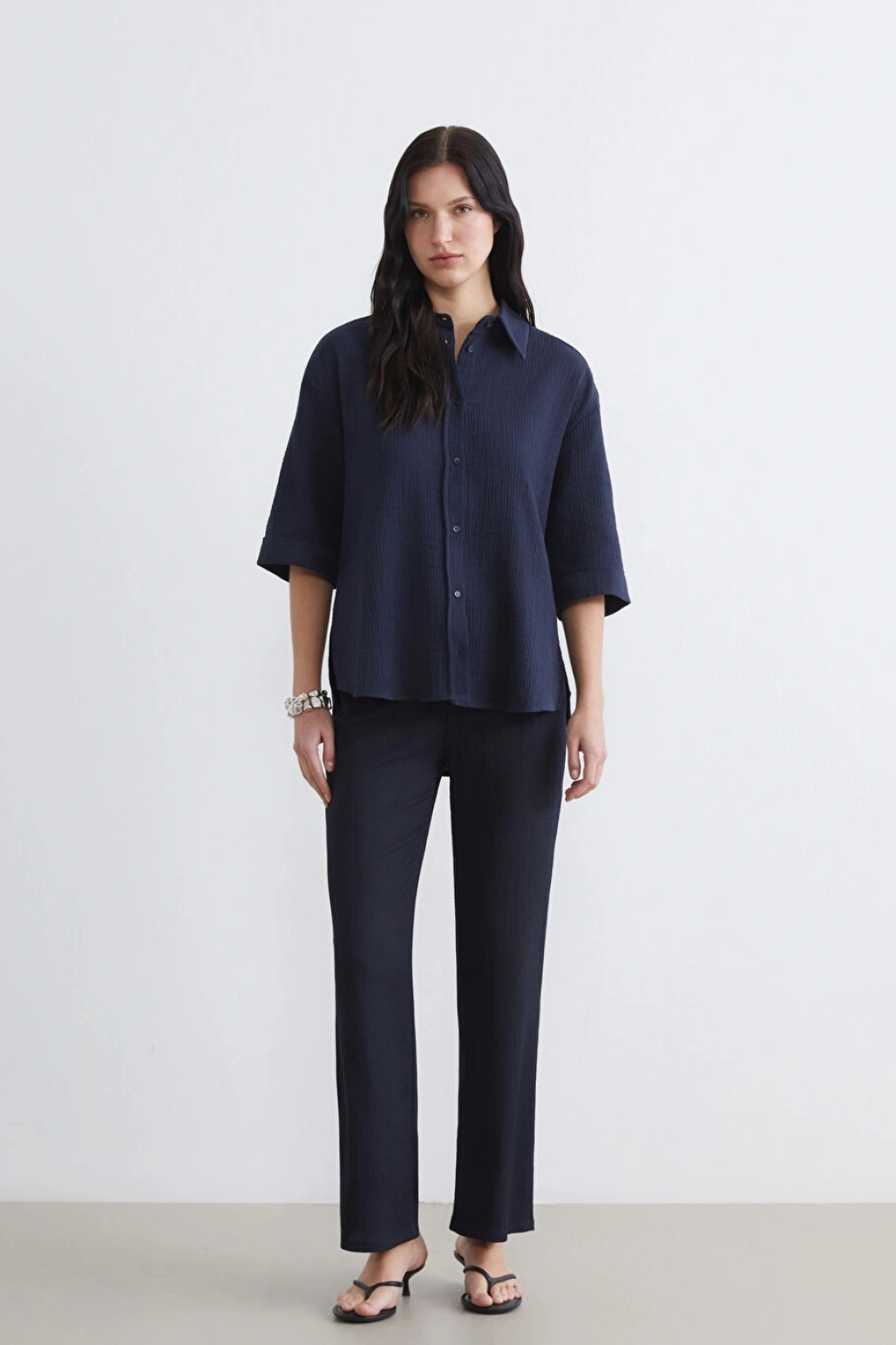 LCW Comfort Lacivert Beli Lastikli Dokulu Kadın Pantolon