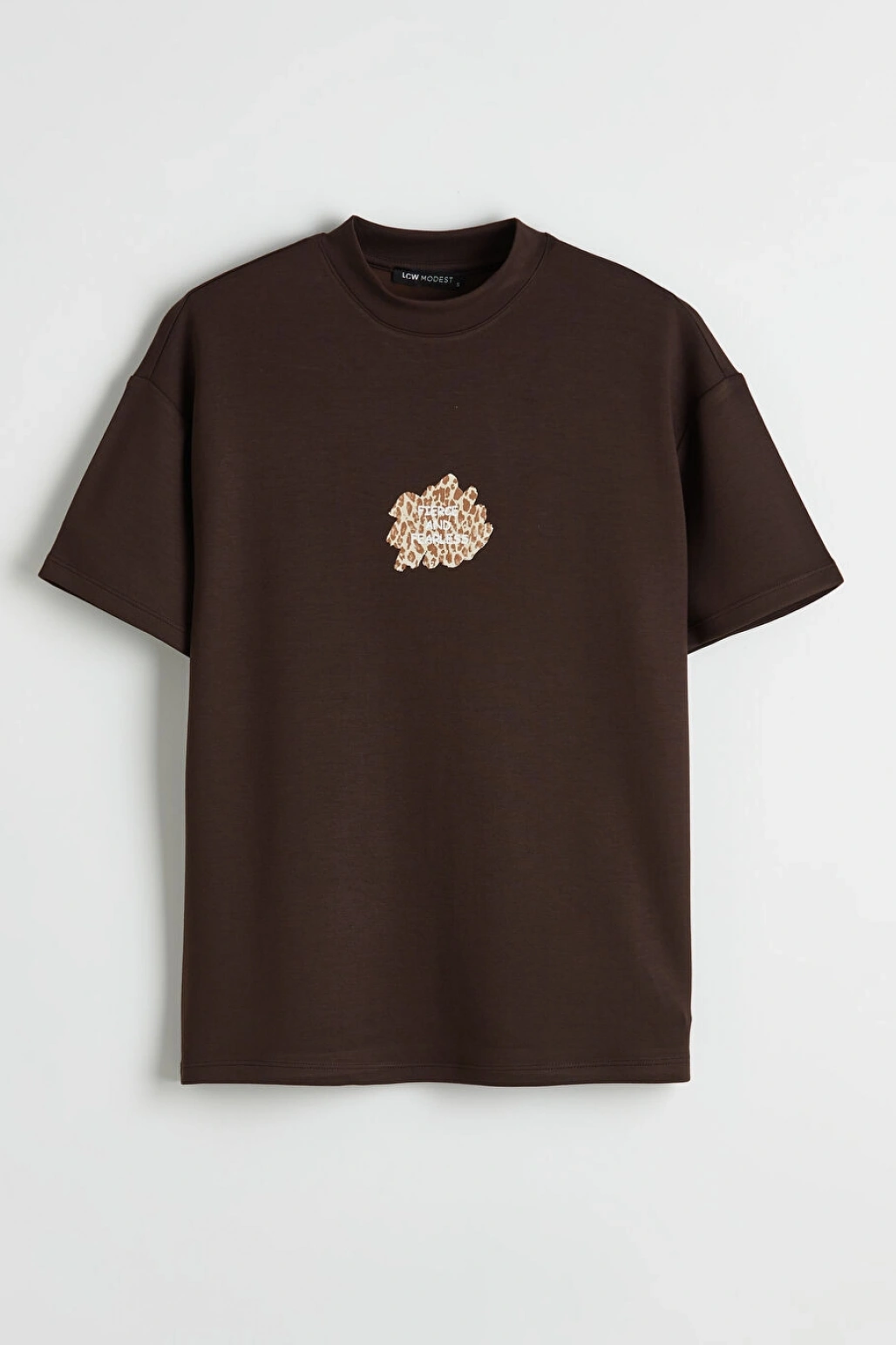 LCW Modest Kahverengi Bisiklet Yaka Baskılı Kadın Tişört