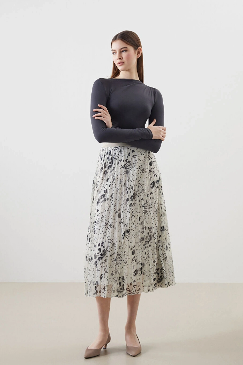 LCW Modest Bej Beli Lastikli Desenli Şifon Kadın Pileli Etek