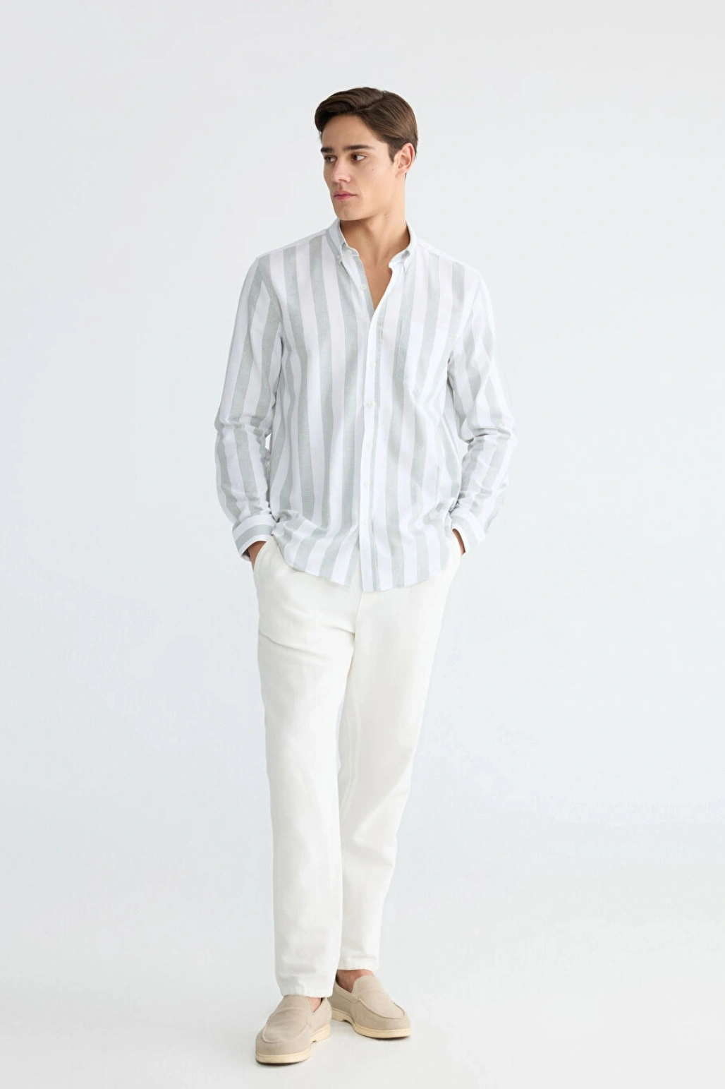 LCWAIKIKI Classic Yeşil Regular Fit Çizgili Armürlü Erkek Gömlek