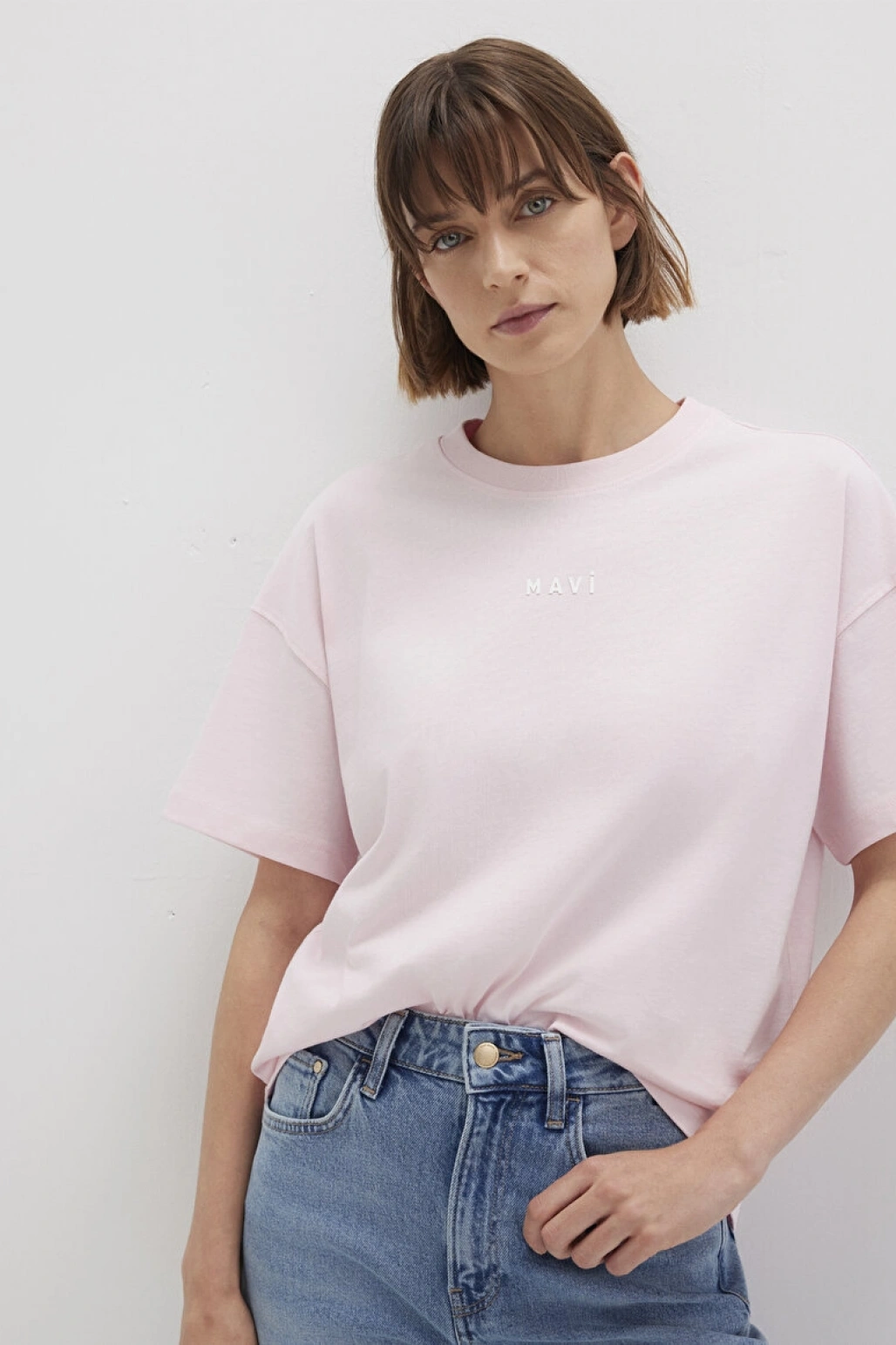 Mavi Baskılı Pembe Tişört