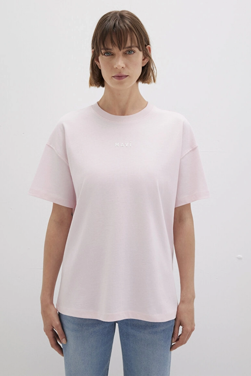 Mavi Baskılı Pembe Tişört