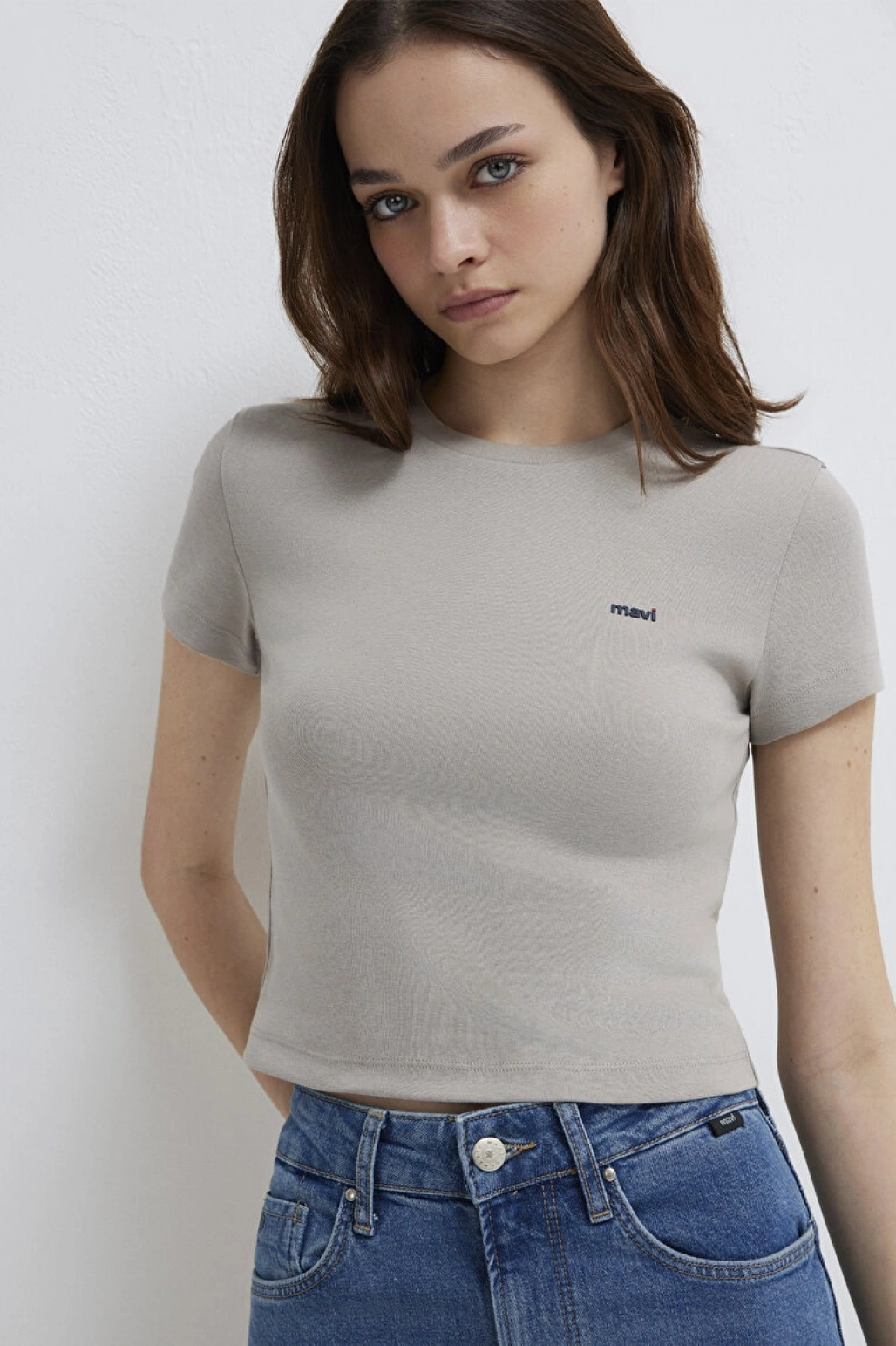 Mavi Logo Baskılı Gri Tişört