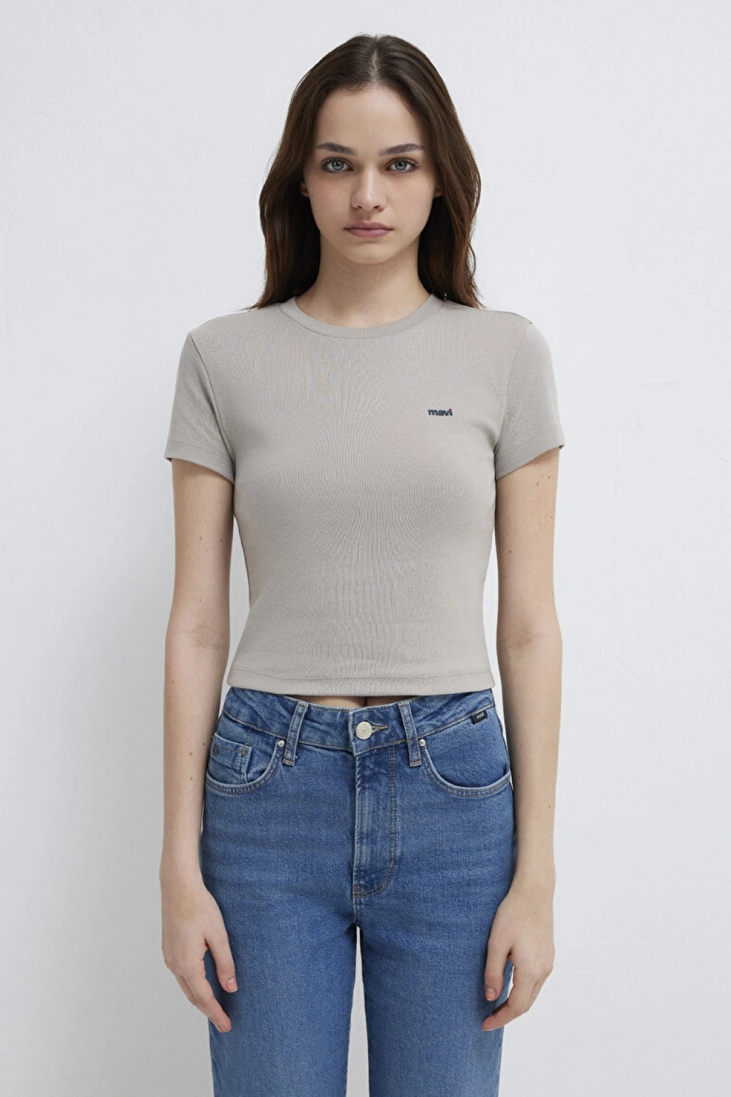 Mavi Logo Baskılı Gri Tişört