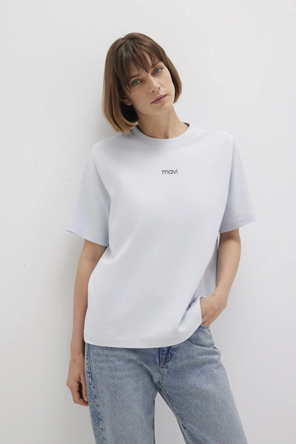 Mavi Logo Baskılı İnterlok Mavi Tişört