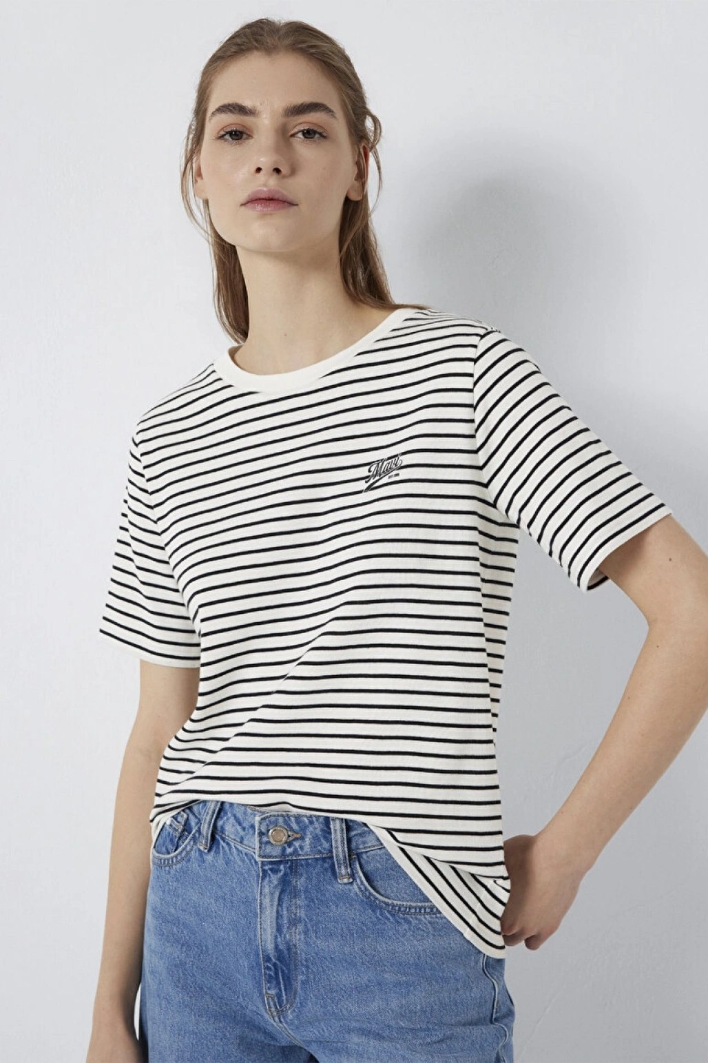 Mavi Logo Baskılı Çizgili Tişört