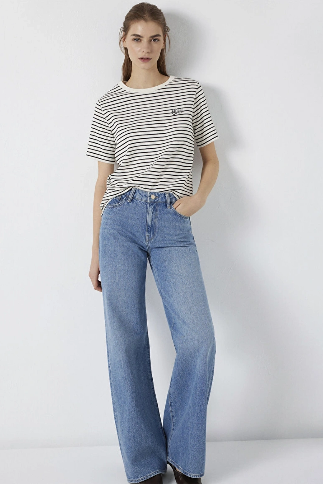 Mavi Logo Baskılı Çizgili Tişört