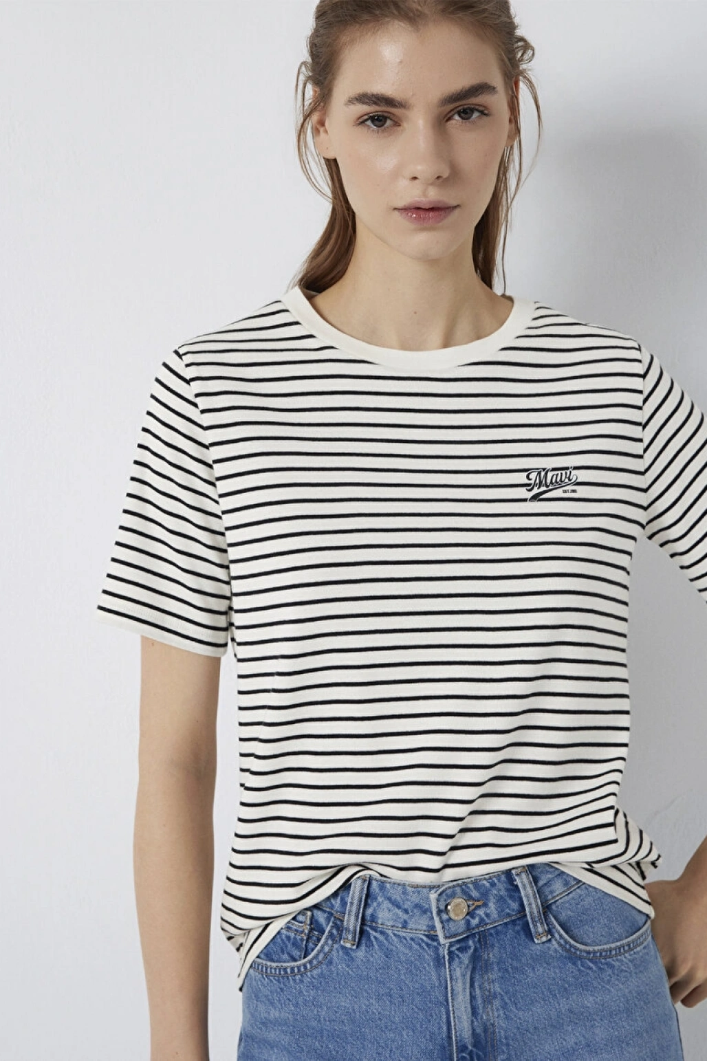 Mavi Logo Baskılı Çizgili Tişört