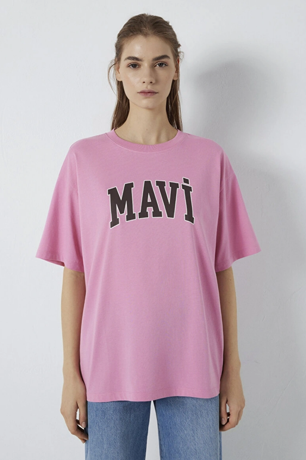 Mavi Logo Baskılı Pembe Tişört