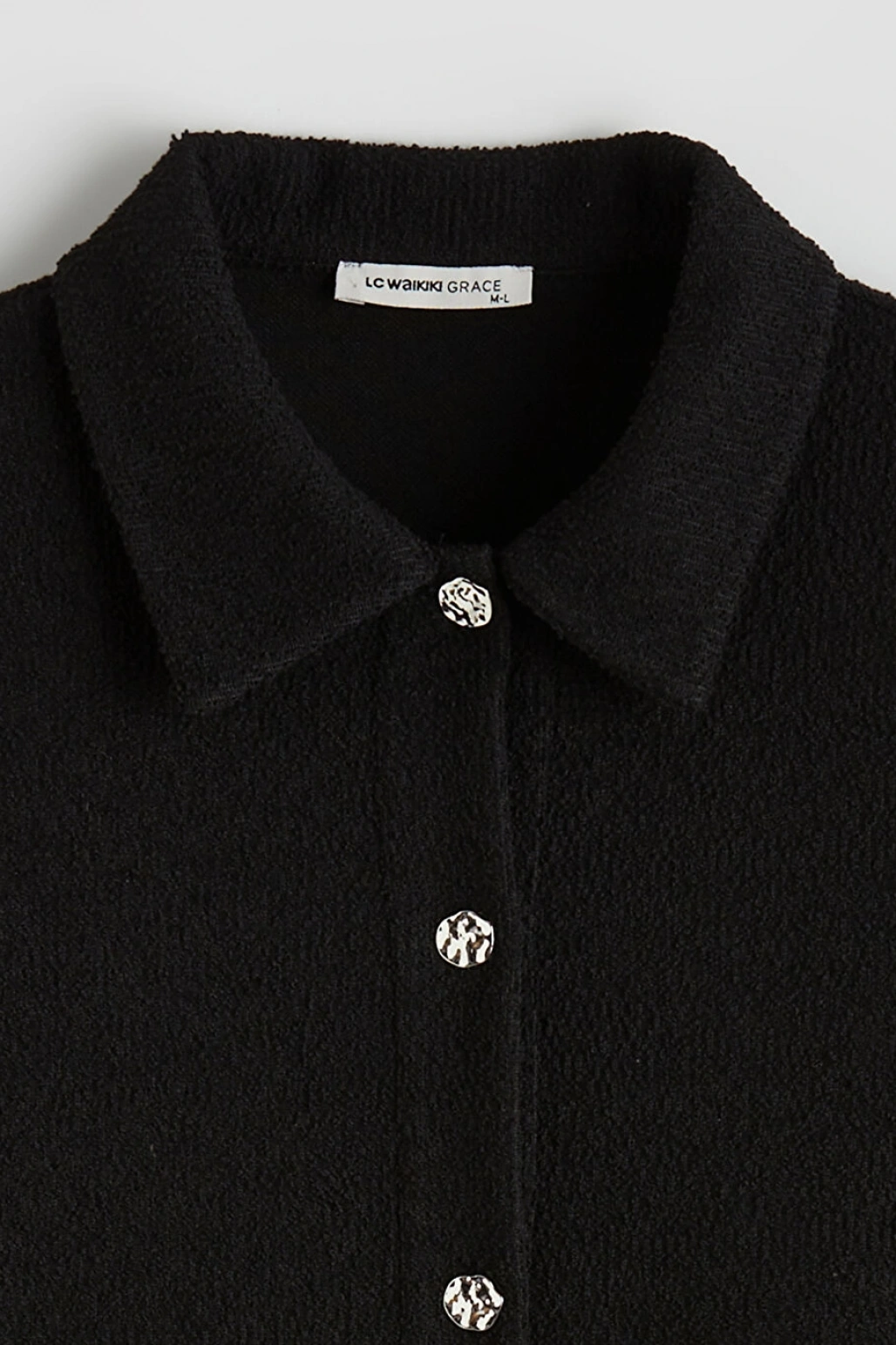 LCW Grace Siyah Gömlek Yaka Dokulu Kadın Triko Hırka