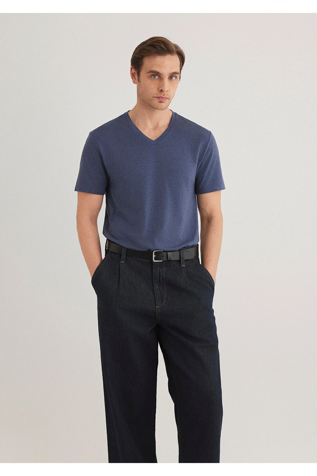 Mavi Stretch V Yaka Basic Tişört Fitted / Vücuda Oturan Kesim