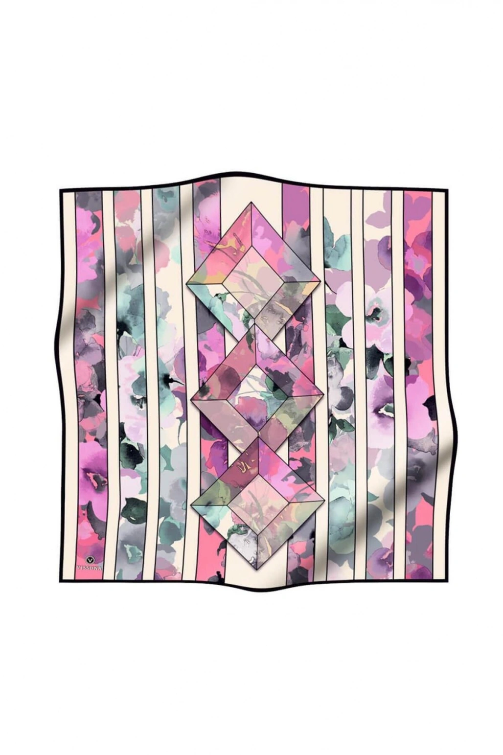 Vissona %100 Twill İpek Bahar Çiçekleri Desenli Lila - Su Yeşili Renkli 90x90 Eşarp Kenar Dikiş Şekli El Dik