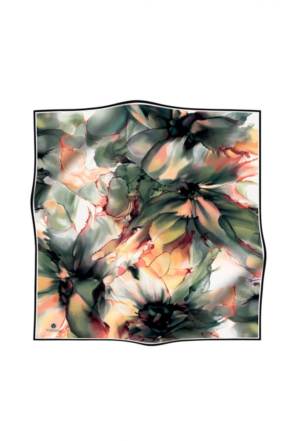 Vissona %100 Twill İpek Batik Çiçek Desenli Zümrüt Yeşili - Hardal Renkli 90x90 Eşarp Kenar Dikiş Şekli