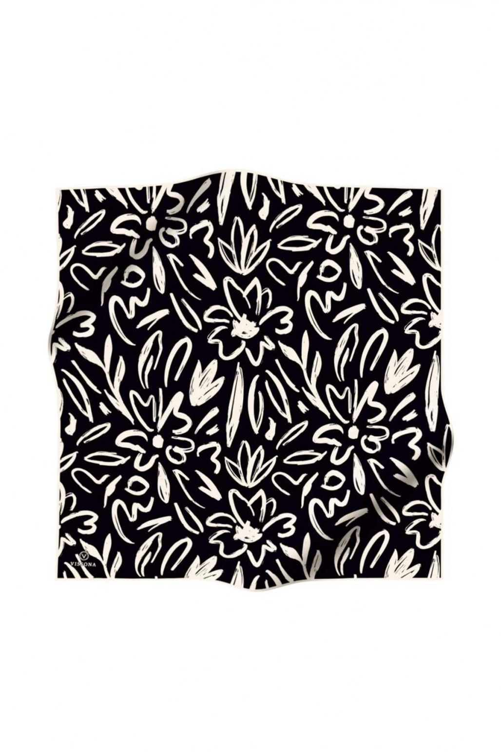 Vissona %100 Twill İpek Büyük Çiçek Desenli Siyah - Krem Renkli 90x90 Eşarp Dikim Şekli : El Dikişi