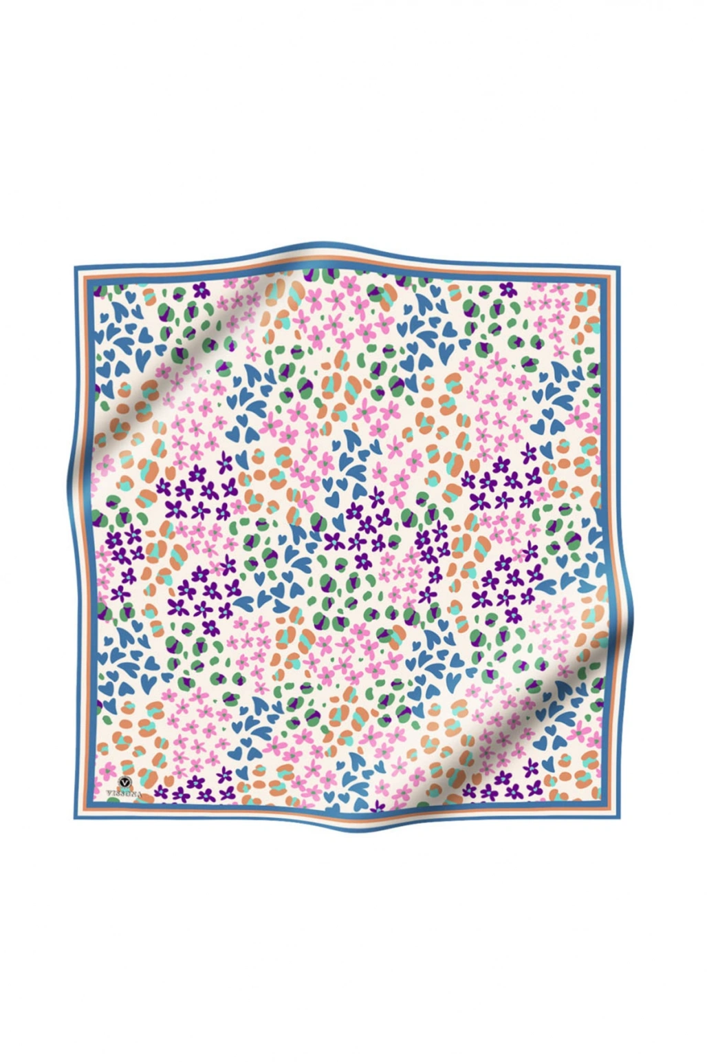 Vissona %100 Twill İpek Kalpli Leopar Desenli İndigo - Pembe Renkli 90x90 Eşarp Dikim Şekli : El Dikişi