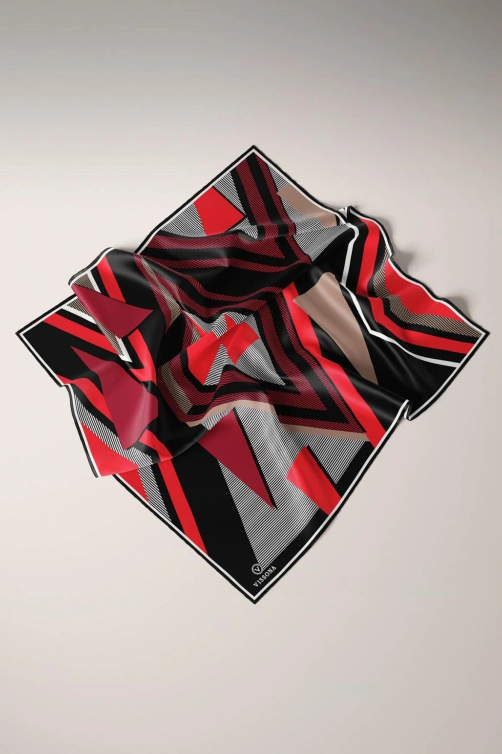 Vissona %100 Twill İpek Geometrik Desenli Bordo - Siyah Renkli 90x90 Eşarp Dikim Şekli : El Dikişi