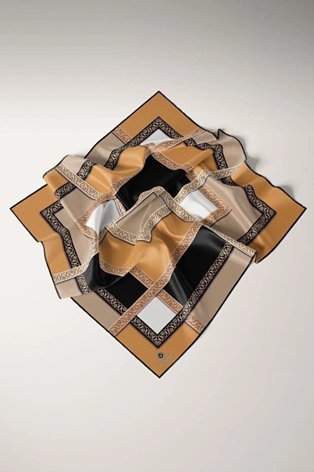 Vissona %100 Twill İpek Geometrik Desenli Gold - Siyah Renkli 90x90 Eşarp Dikim Şekli : El Dikişi