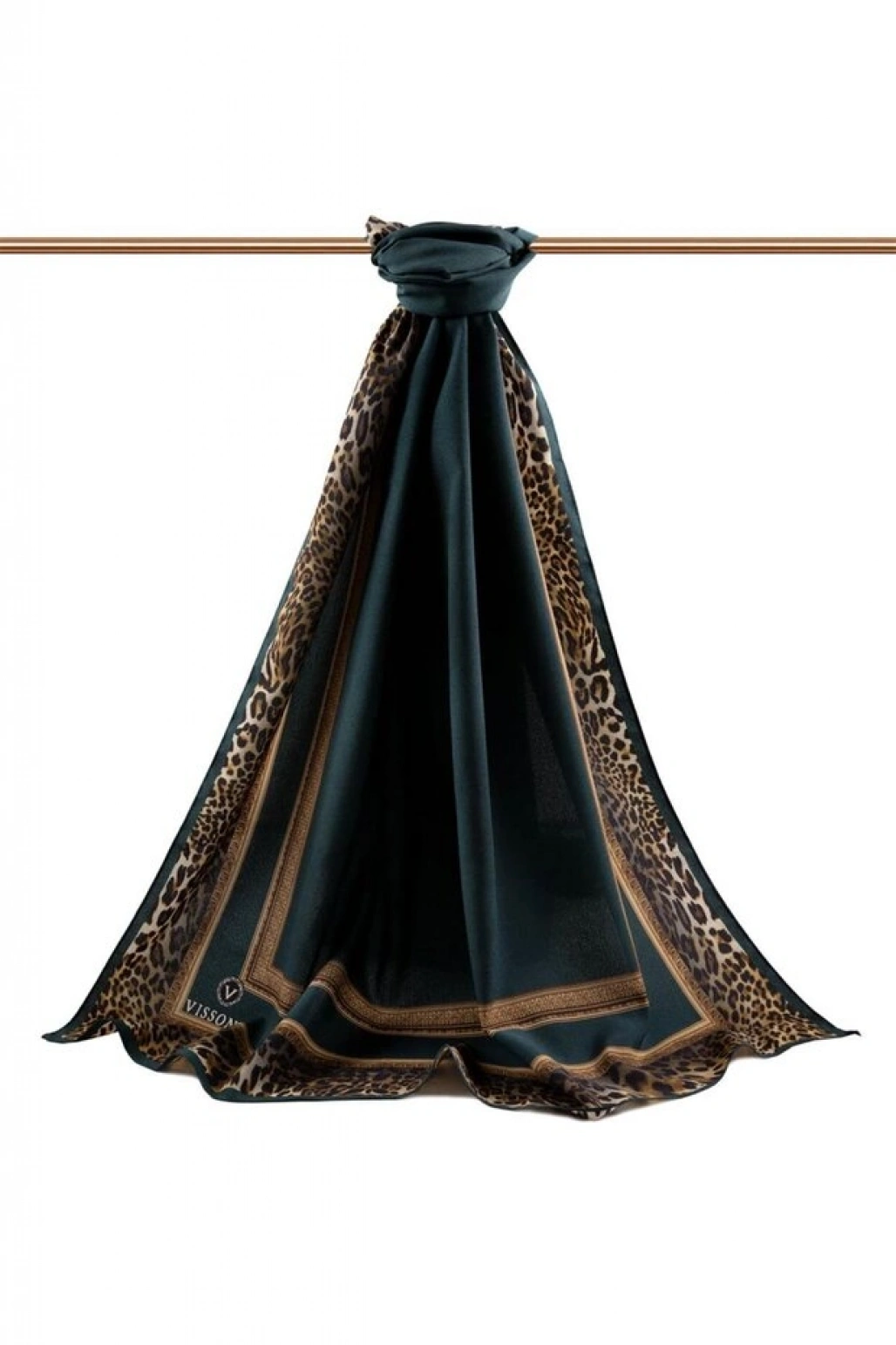Vissona LÜKS MEDİNE İPEĞİ LEOPAR BORDÜR DESENLİ PETROL YEŞİLİ RENKLİ 75X195 KIRIŞMAZ ŞAL MOSS KREP DİKİŞ