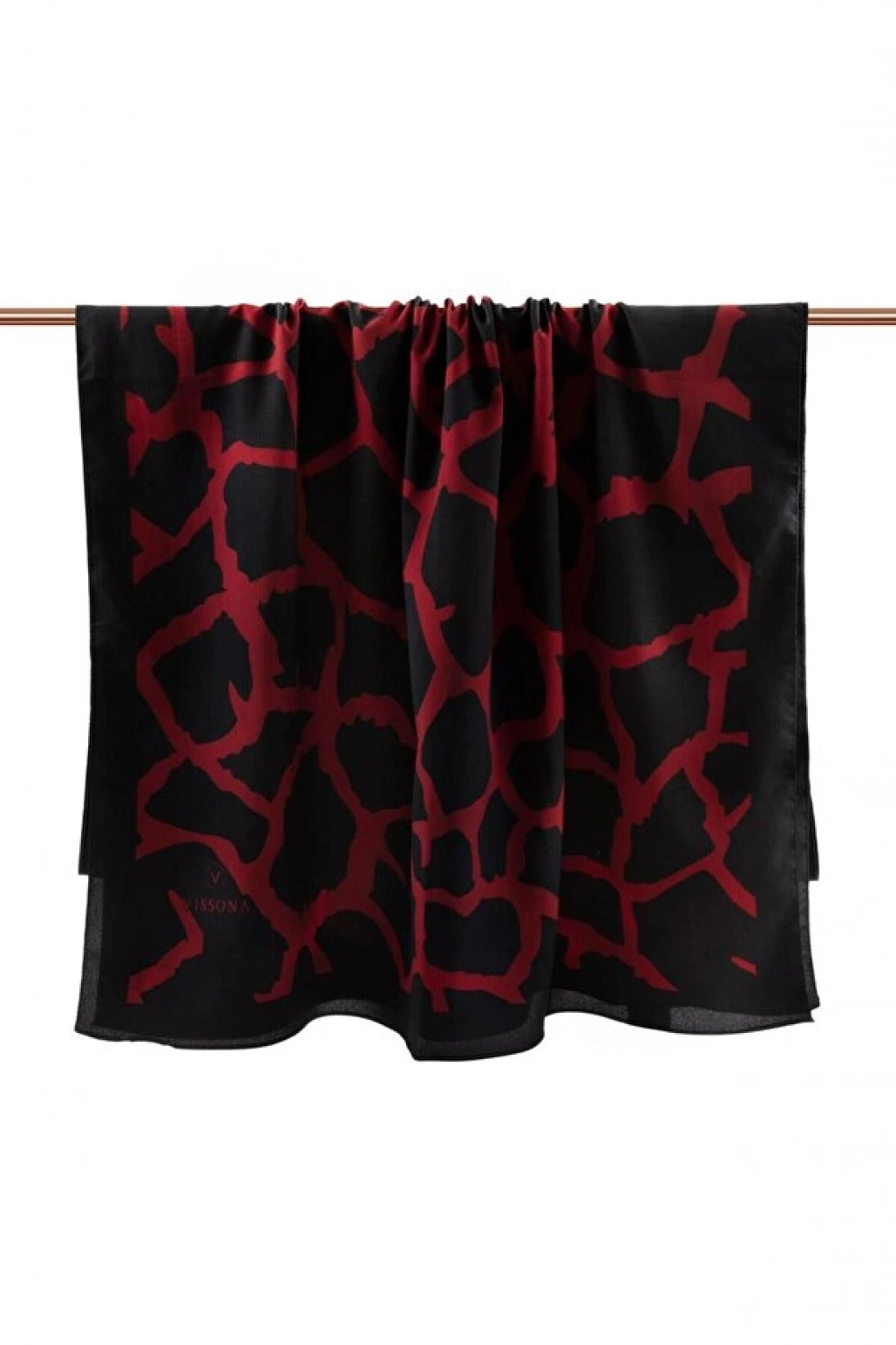 Vissona LÜKS MEDİNE İPEĞİ TAŞ DESENLİ SİYAH - KIRMIZI RENKLİ 75X195 KIRIŞMAZ ŞAL MOSS KREP DİKİŞ TİPİ İTALYA