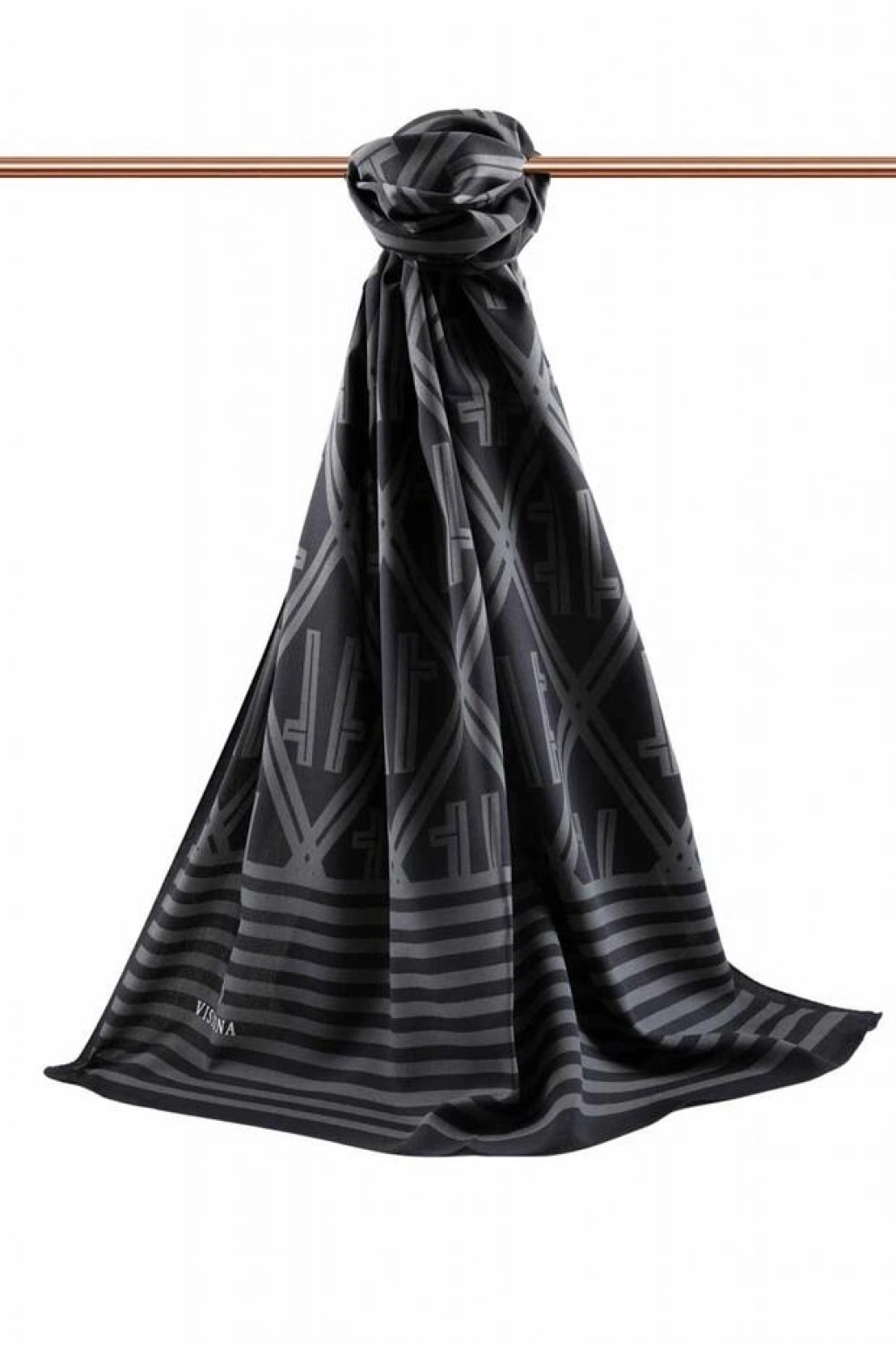 Vissona LÜKS MEDİNE MONOGRAM DESENLİ SİYAH - GRİ RENKLİ 75X195 KIRIŞMAZ ŞAL MOSS KREP DİKİŞ TİPİ İTALYAN