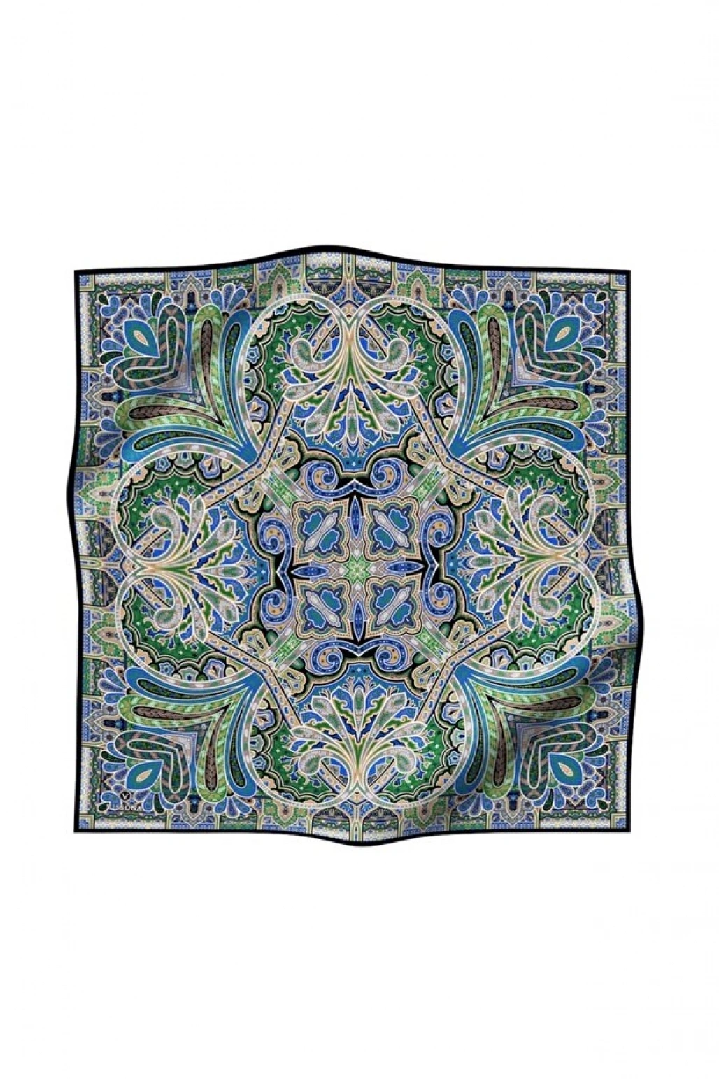 Vissona 100% Twill İpek Etnik Desenli Saks - Zümrüt Yeşili Renkli 90x90 Dikim Şekli : El Dikişi Eşarp