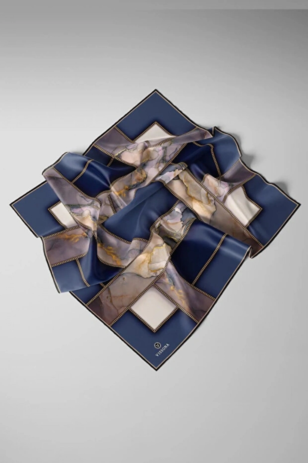 Vissona %100 Twill İpek Efektli Bant Desenli İndigo - Lacivert Renkli 90x90 Eşarp Dikim Şekli El Dikişi