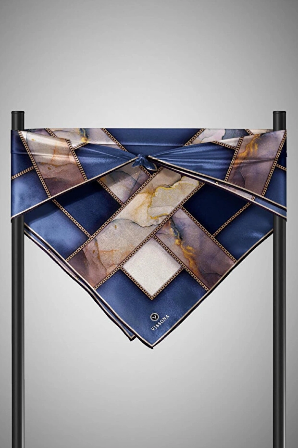 Vissona %100 Twill İpek Efektli Bant Desenli İndigo - Lacivert Renkli 90x90 Eşarp Dikim Şekli El Dikişi