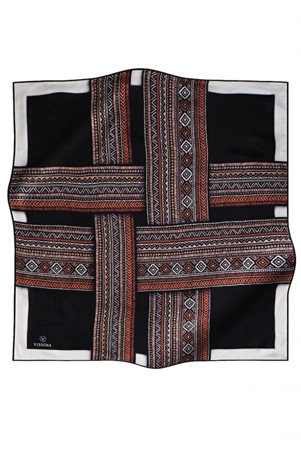 Vissona %100 Twill İpek Etnik Desenli Siyah - Taba Renkli 90x90 Eşarp Dikim Şekli : El Dikişi