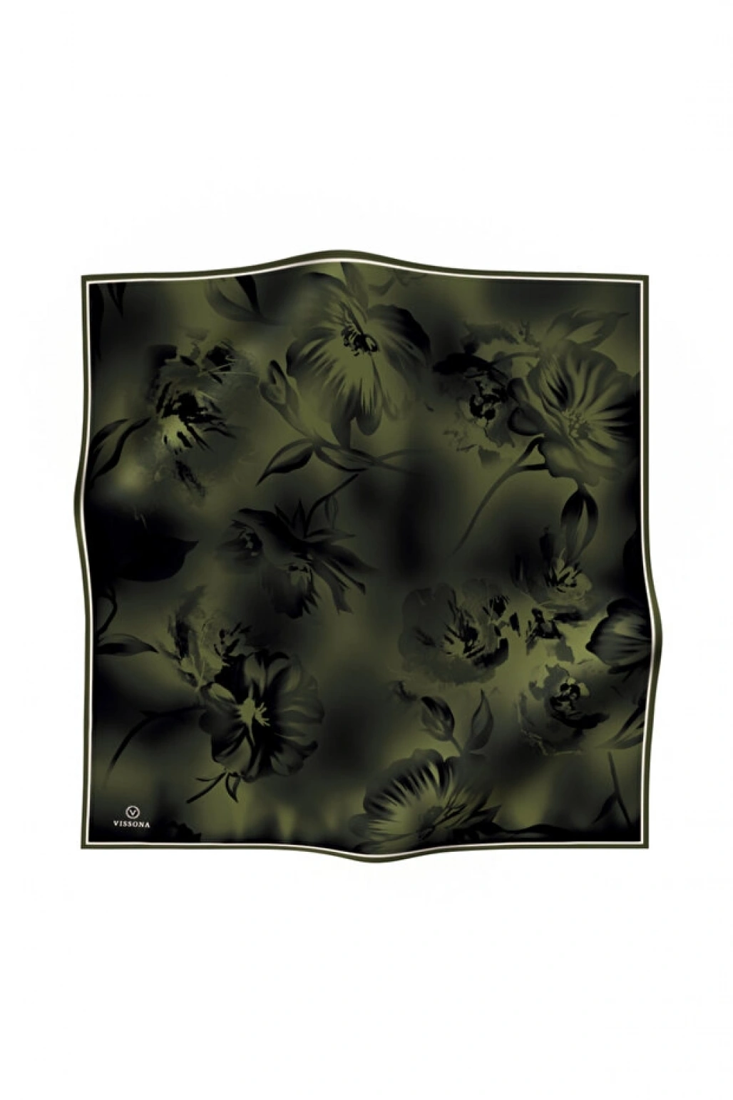 Vissona 100% Twill İpek Çiçek Desenli Haki Renkli 90x90 Dikim Şekli : El Dikişi Eşarp