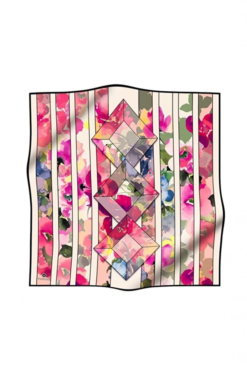 Vissona %100 Twill İpek Bahar Çiçekleri Desenli Mürdüm - Bebe Mavisi Renkli 90x90 Eşarp Kenar Dikiş Şekli El