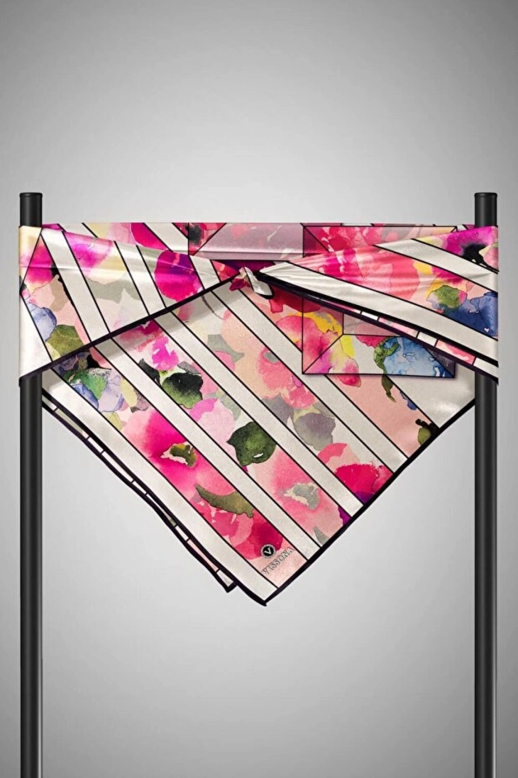 Vissona %100 Twill İpek Bahar Çiçekleri Desenli Mürdüm - Bebe Mavisi Renkli 90x90 Eşarp Kenar Dikiş Şekli El