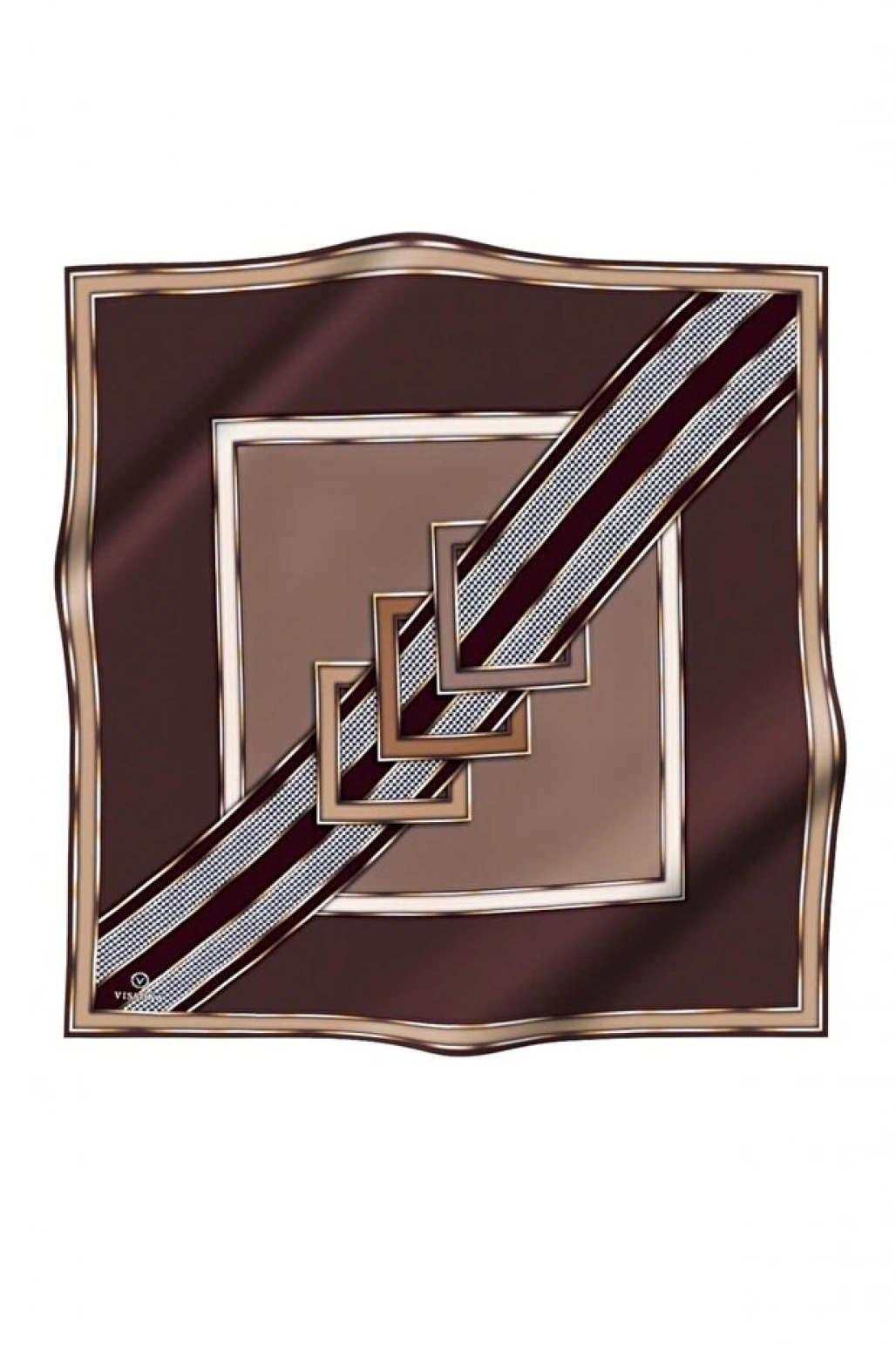Vissona %100 Twill İpek Kareli Kazayaklı Desenli Kahverengi - Vizon Renkli 90x90 Eşarp Kenar Dikiş Şekli El