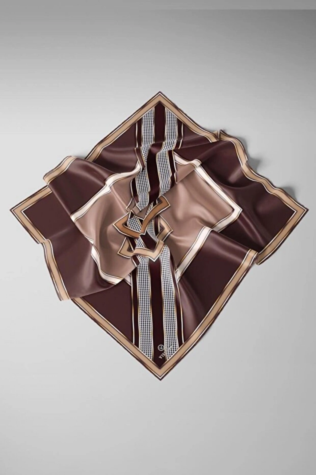 Vissona %100 Twill İpek Kareli Kazayaklı Desenli Kahverengi - Vizon Renkli 90x90 Eşarp Kenar Dikiş Şekli El