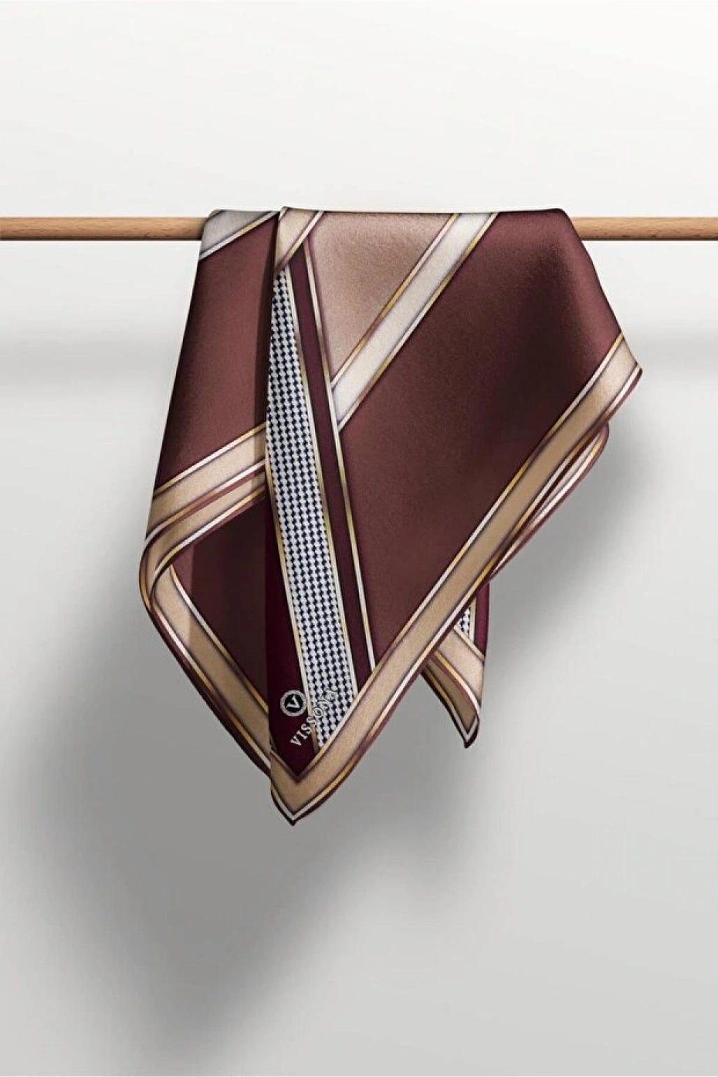 Vissona %100 Twill İpek Kareli Kazayaklı Desenli Kahverengi - Vizon Renkli 90x90 Eşarp Kenar Dikiş Şekli El