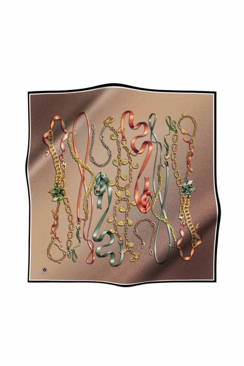 Vissona %100 Twill İpek Kurdele Ve Zincir Desenli Bej Renkli 90x90 Eşarp Dikim Şekli : El Dikişi