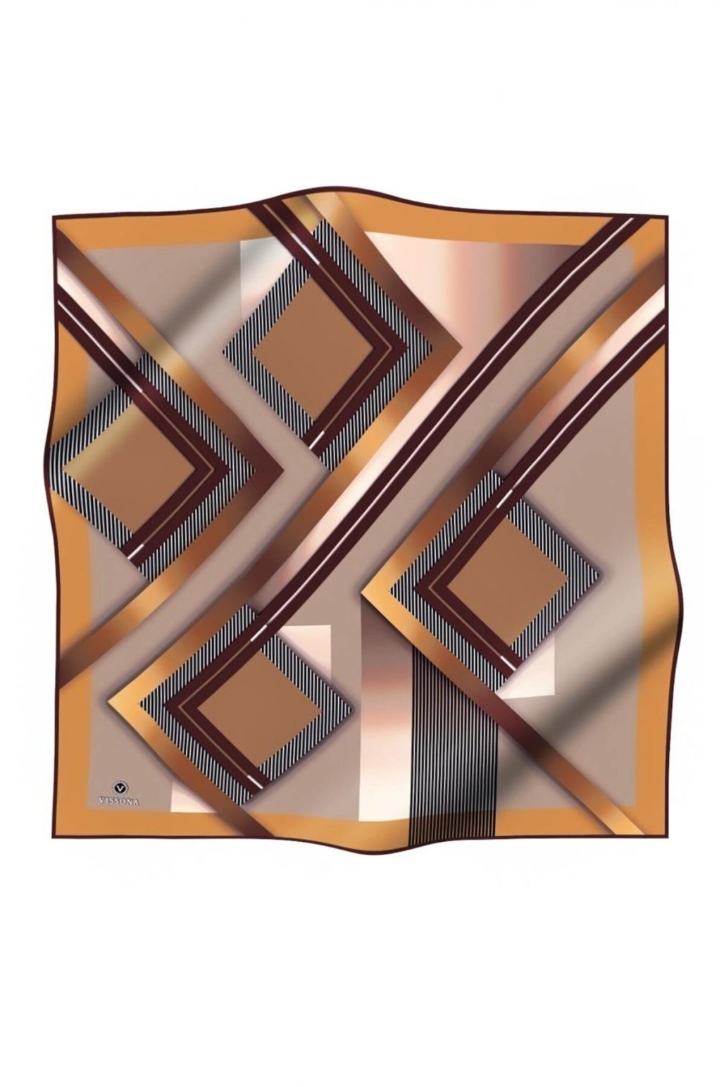 Vissona %100 Twill İpek Zebra Desenli Bej - Gold Renkli 90x90 Eşarp Dikim Şekli : El Dikişi