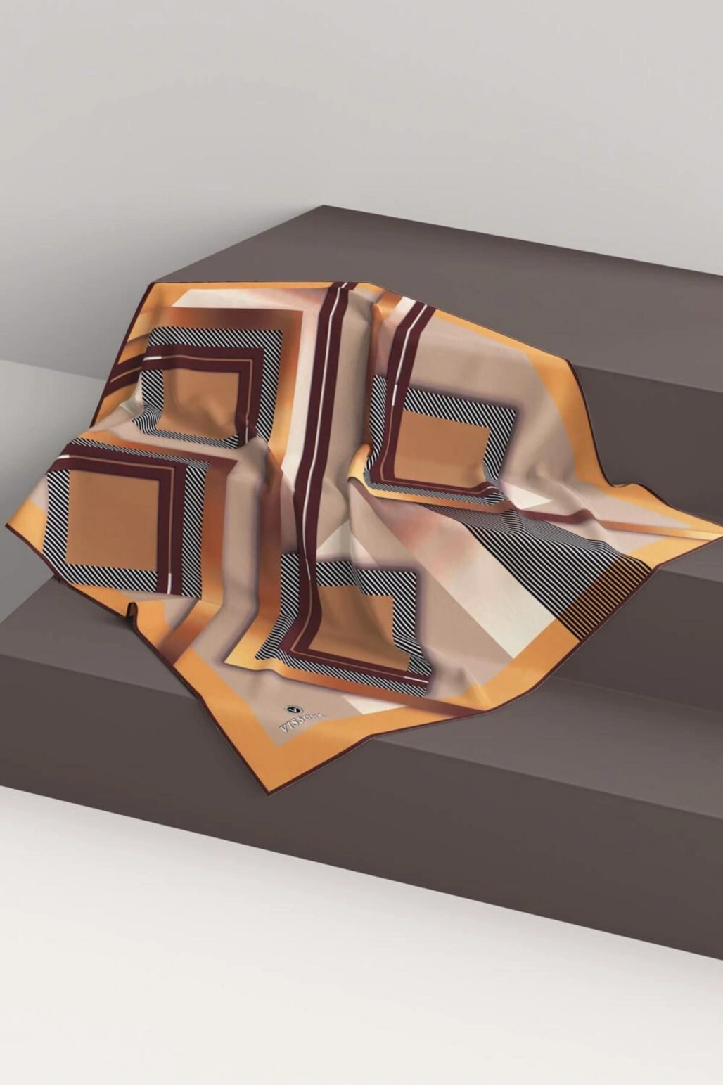 Vissona %100 Twill İpek Zebra Desenli Bej - Gold Renkli 90x90 Eşarp Dikim Şekli : El Dikişi