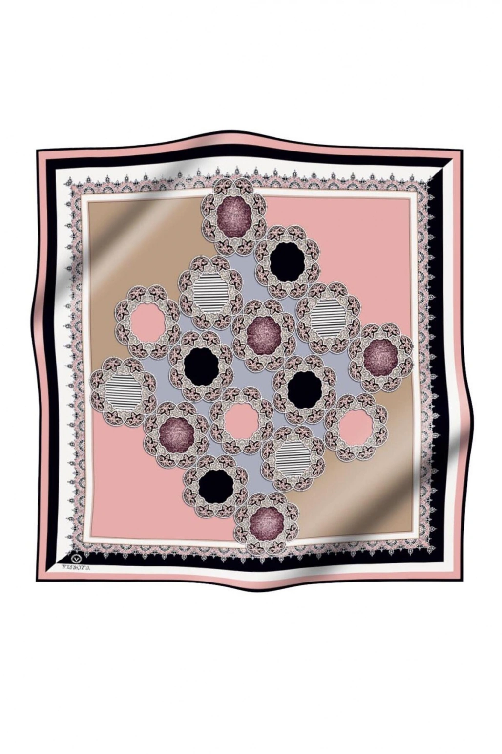 Vissona %100 Twill Türk Motifi Desenli Pudra - Bej Renkli 90x90 Eşarp Dikim Şekli: El Dikişi