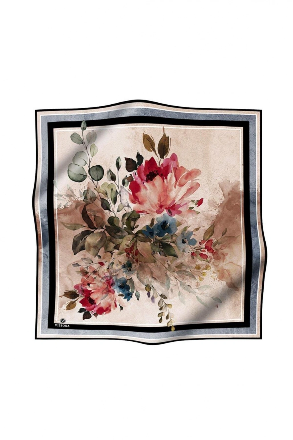 Vissona %100 Twill İpek Bahar Çiçekleri Desenli Siyah - Haki Renkli 90x90 Eşarp Dikim Şekli : El Dikişi