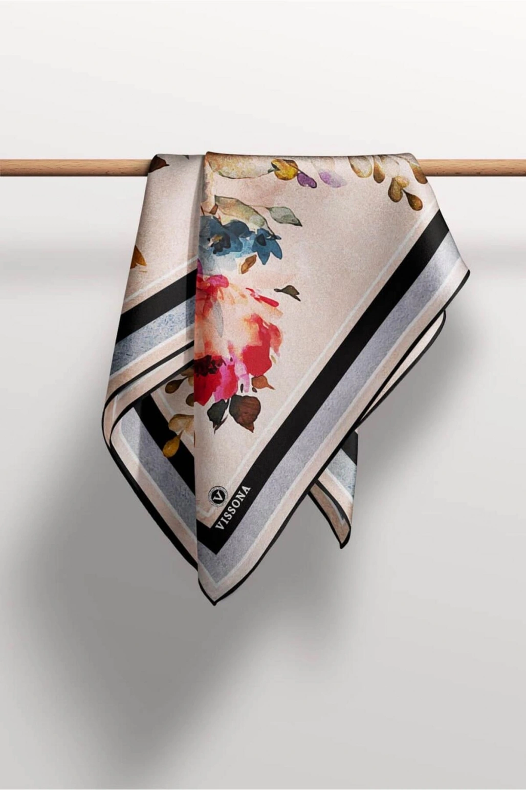 Vissona %100 Twill İpek Bahar Çiçekleri Desenli Siyah - Haki Renkli 90x90 Eşarp Dikim Şekli : El Dikişi