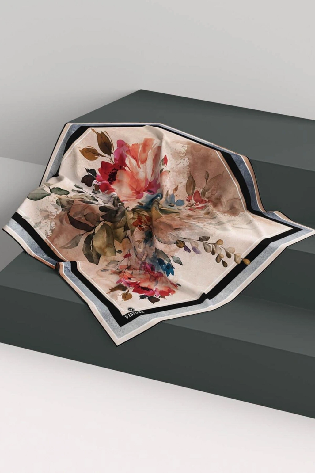 Vissona %100 Twill İpek Bahar Çiçekleri Desenli Siyah - Haki Renkli 90x90 Eşarp Dikim Şekli : El Dikişi