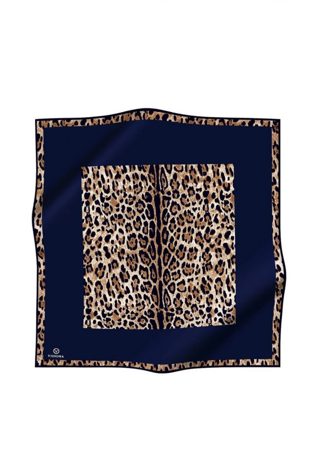 Vissona %100 Twill İpek Leopar Desenli Lacivert Renkli 90x90 Eşarp Dikim Şekli : El Dikişi